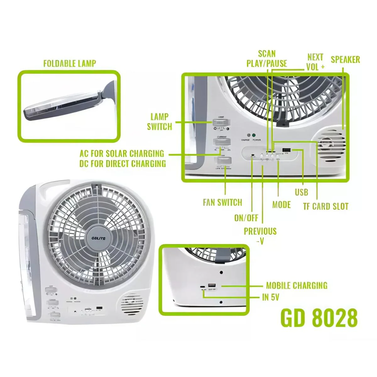 Abanico Solar Portátil 8". Ventilador Recargable Con Panel Solar. Con Luz LED Y Bocina Integrada. - Image 5