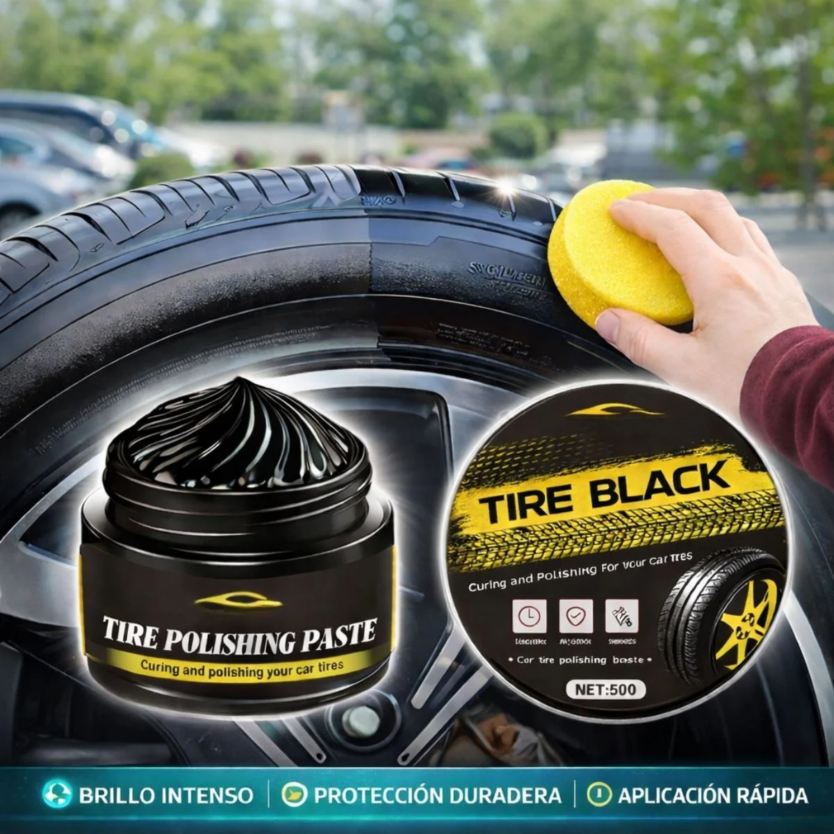 Abrillantador De Llantas Para Llantas Y Plásticos 50G  Brillo Duradero. Pasta Restauradora Protección Antienvejecimiento Para Autos (Incluye Esponja)