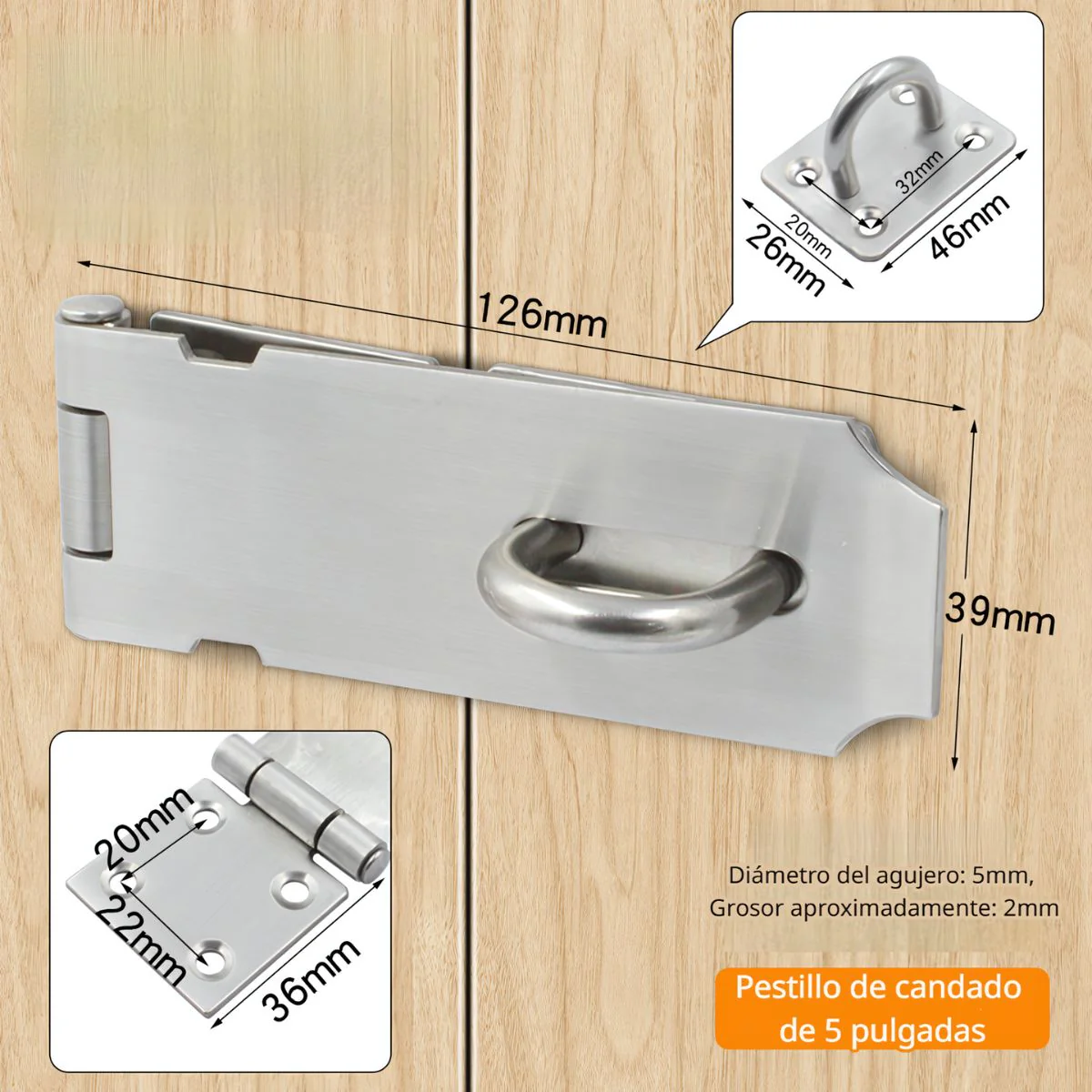 Aldaba Portacandado 5". Acero Inoxidable. Pestillo De Seguridad Para Puertas Y Armarios. - Image 2