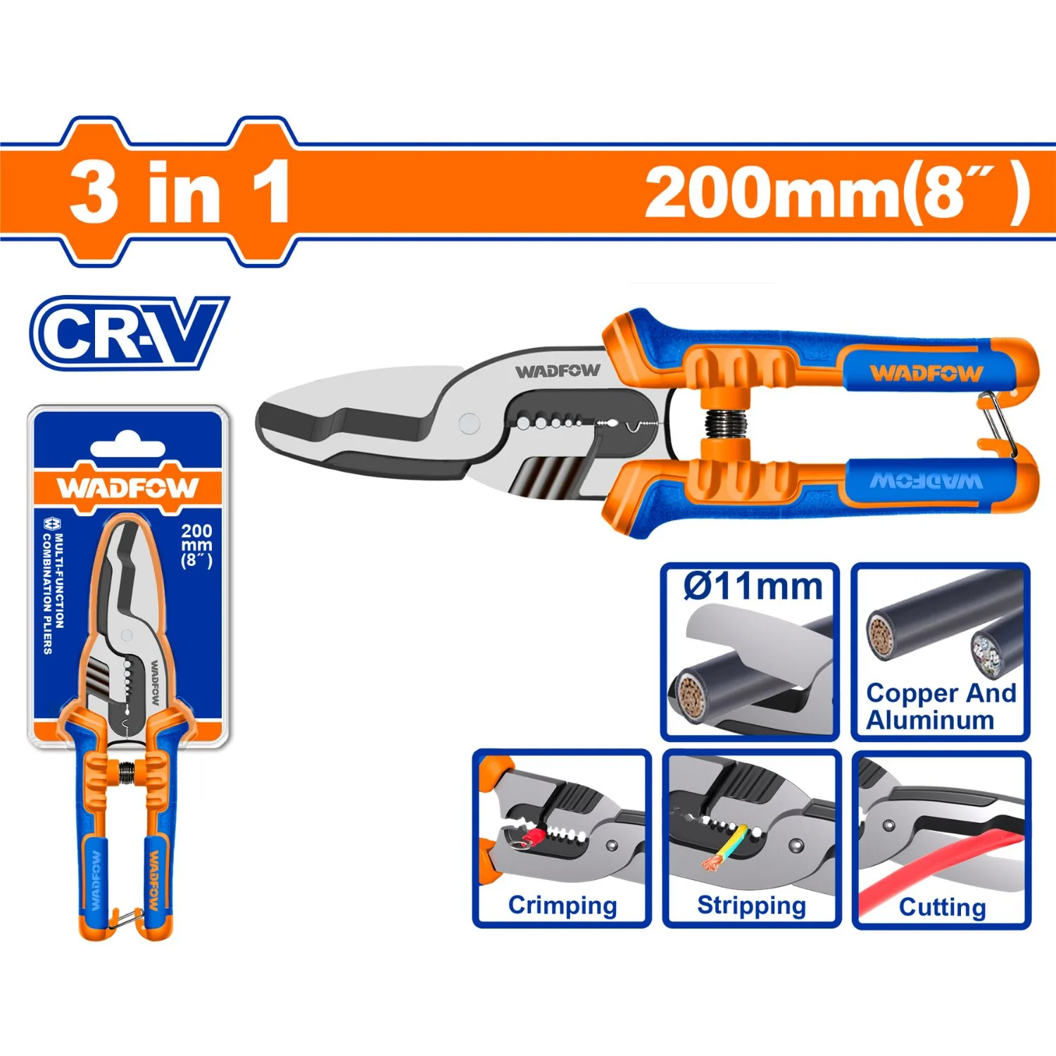 Alicate Cortacables Multiusos 3 En 1 De 8” (200 Mm) CR-V Para Cobre Y Aluminio Con Mango Ergonómico