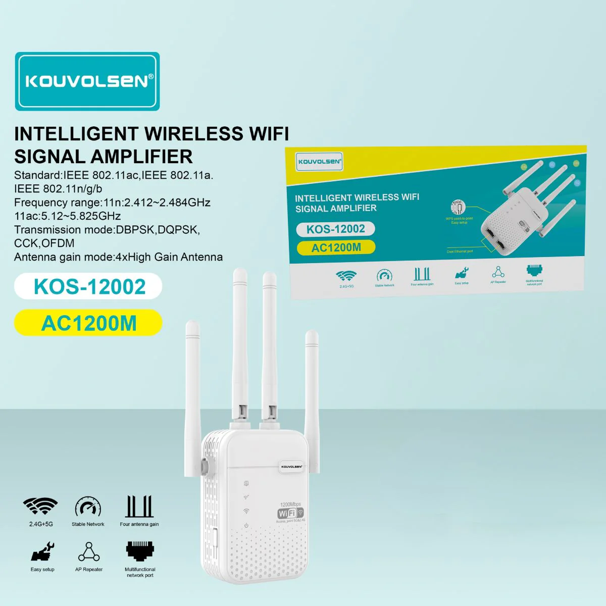 Amplificador De Señal Wifi AC1200 Doble Banda 2.4Ghz Y 5Ghz. Repetidor Inalámbrico Con 4 Antenas De Alta Ganancia. Extensor De Cobertura.