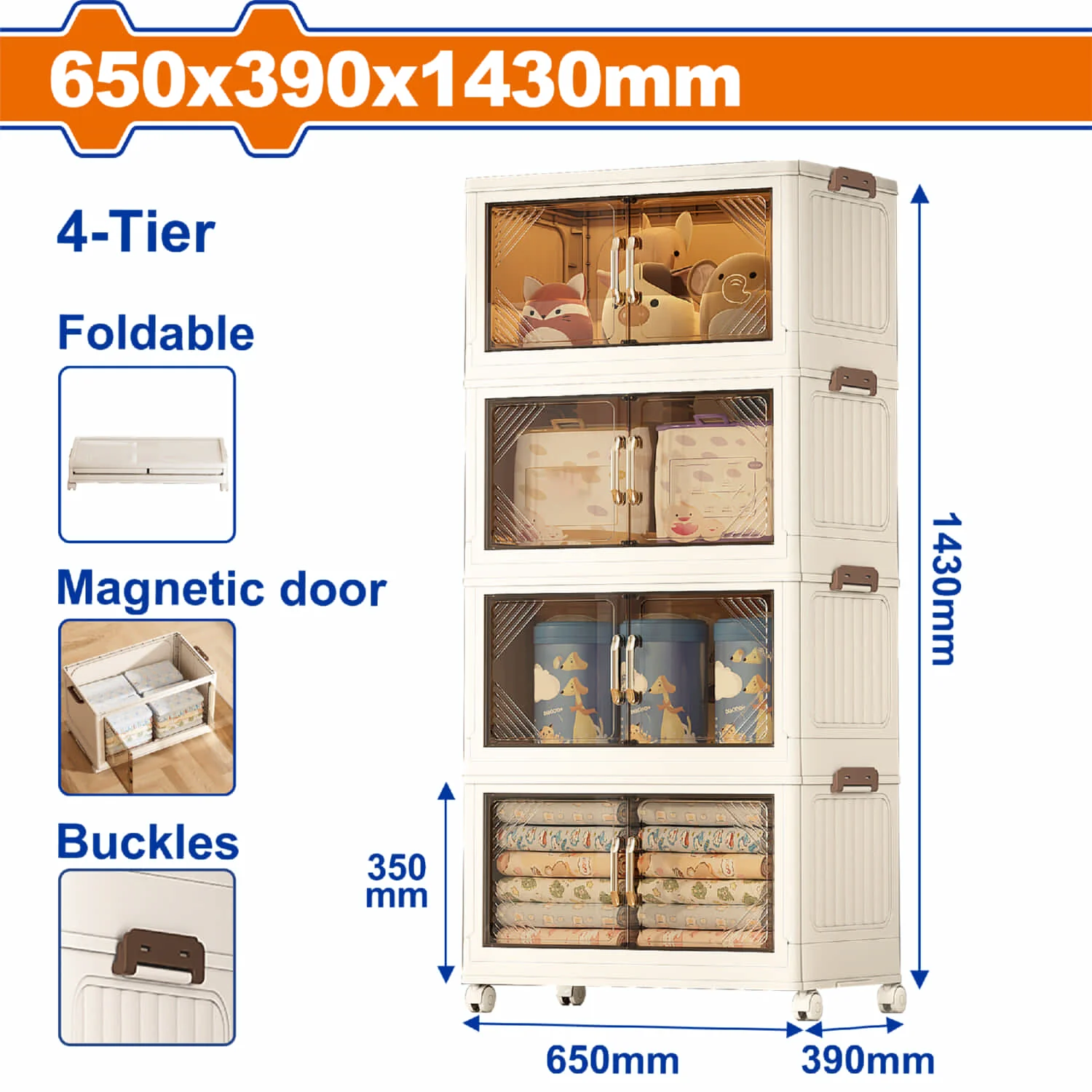 Armario Plegable 4 Niveles Plástico Con Puertas Magnéticas Y Ruedas Giratorias 2” 65X39x143cm Color Crema Carga Max 30Kg Closet Organizador