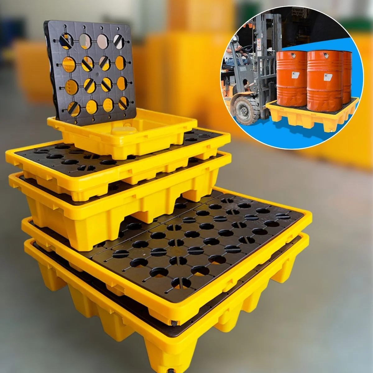 Bandeja De Contención Antiderrames De HDPE Para 1 Tanque 28.4"X28.4"X6.3" (Cap 7 Gal). Plataforma De Almacenamiento De Pintura Apilable Para Tambores Y Cubos.