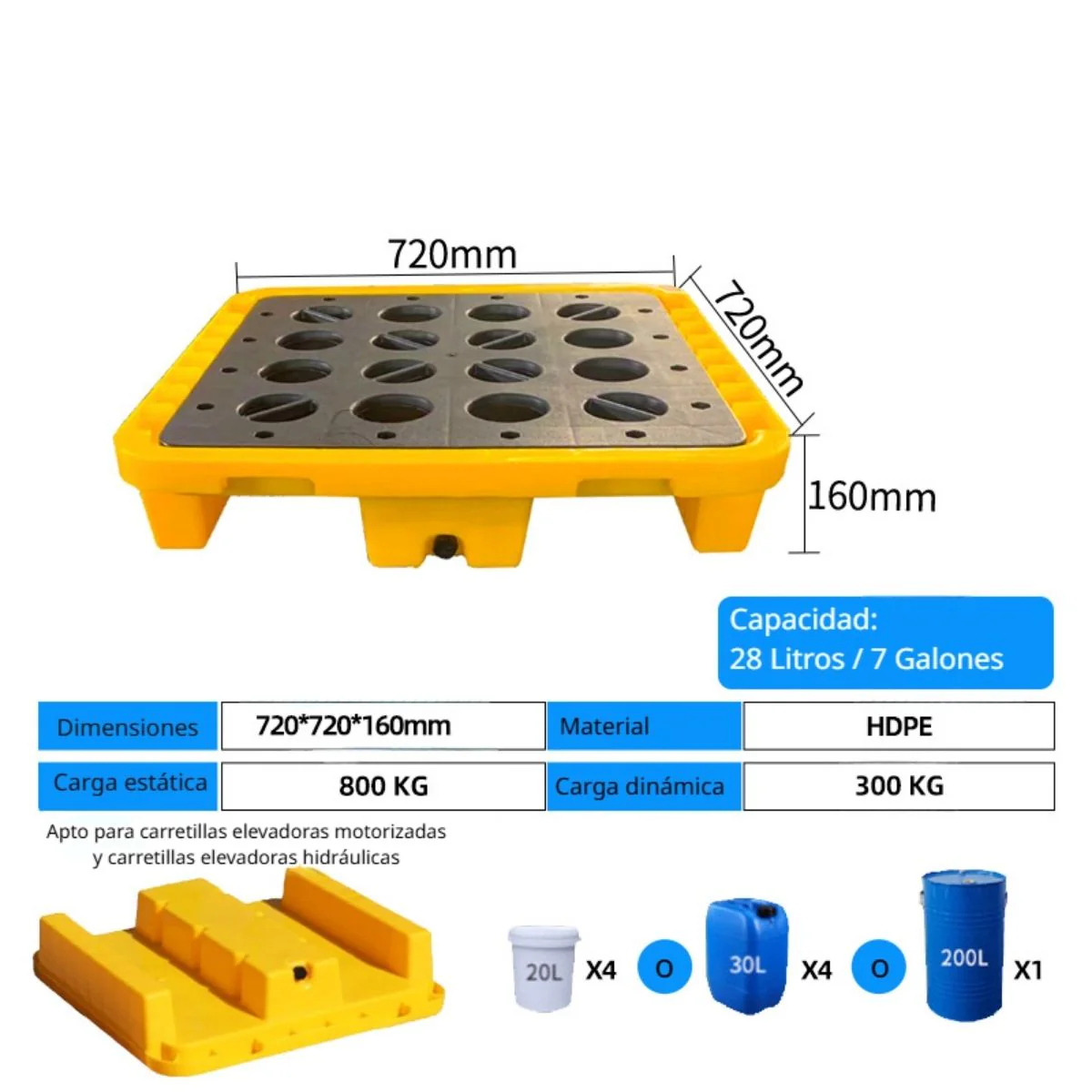 Bandeja De Contención Antiderrames De HDPE Para 1 Tanque 28.4"X28.4"X6.3" (Cap 7 Gal). Plataforma De Almacenamiento De Pintura Apilable Para Tambores Y Cubos. - Image 2