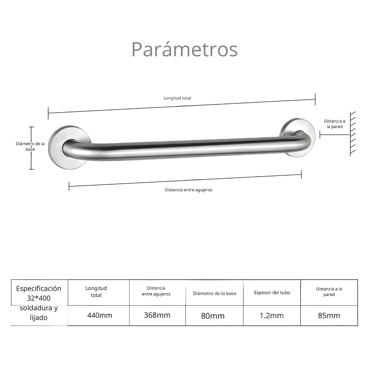 Barra De Seguridad Apoyo Inoxidable Para Baño 44Cm Antideslizante Para Ducha, WC Y Escaleras. Soporte. - Image 2