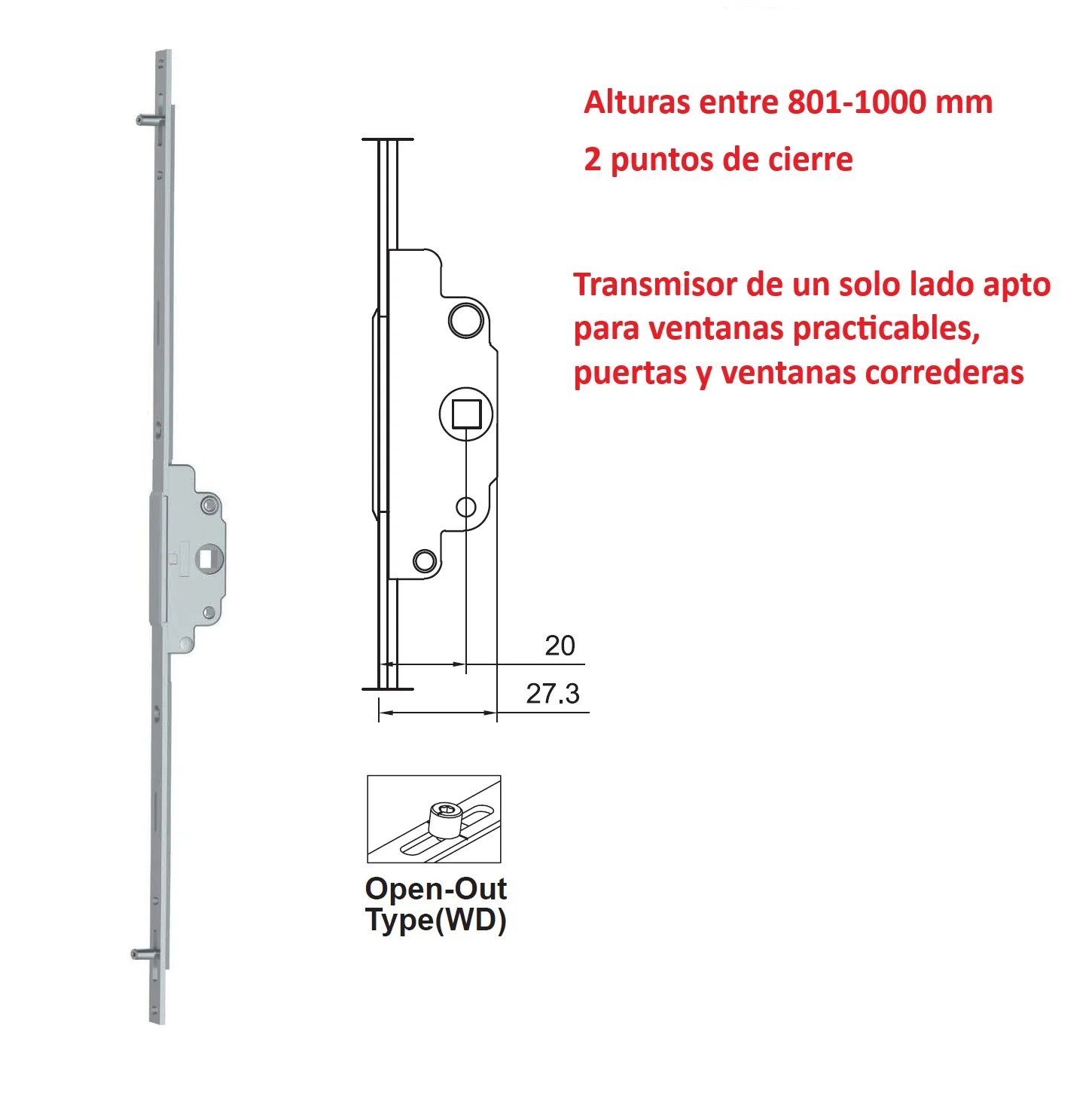 Barra De Transmisión Un Solo Lado Para Ventanas Abatibles Proyección Upvc Y Aluminio (Altura Max. 800-1000Mm)