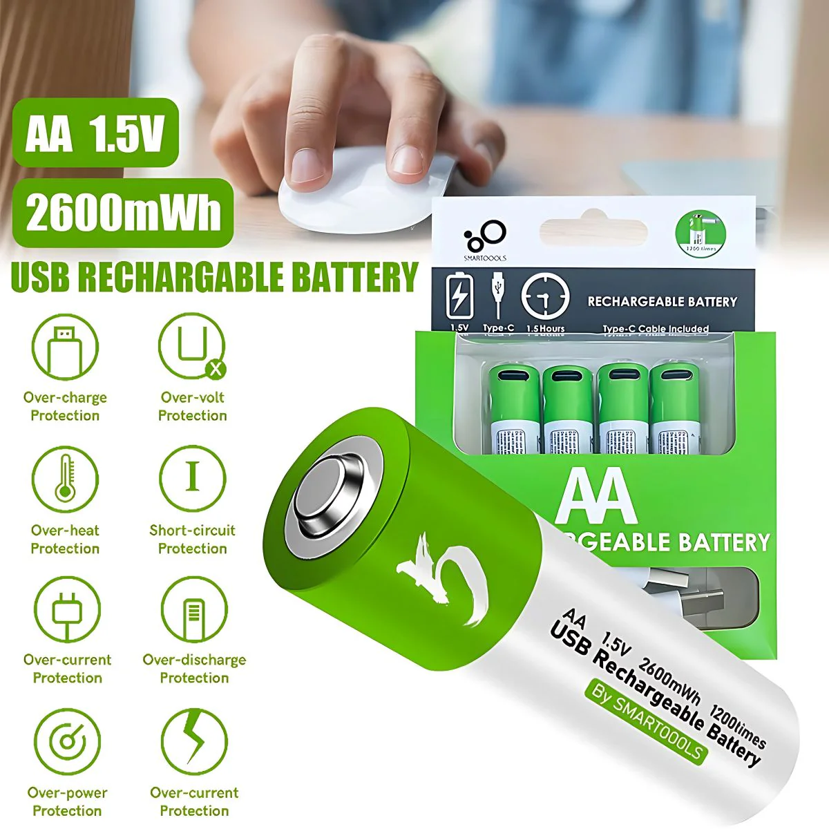 Baterías AA Recargables Con Carga USB-C, 1.5V 2600Mwh. Con 1200 Ciclos De Vida. (Pack De 2 Unidades) - Image 4