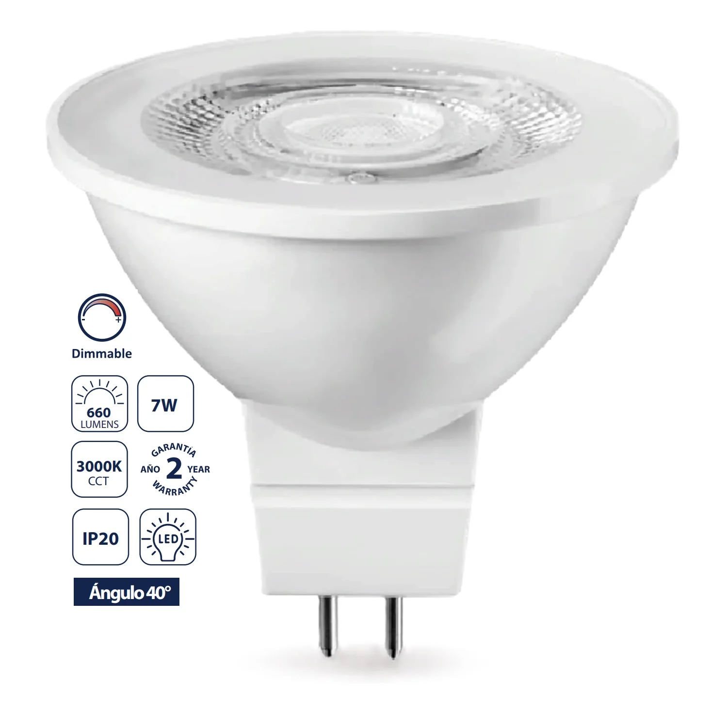 Bombillo LED MR16 GU5.3 Regulable 7W Luz Cálida 3000K 660Lm Equivale Halógena 50W 5X48cm. Foco.