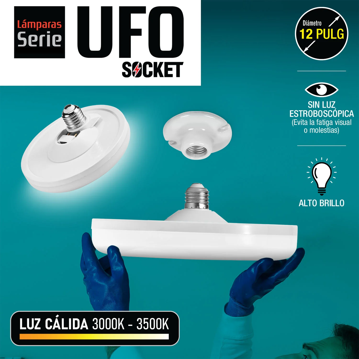 Bombillo Socket Lámpara UFO Tipo Plafon De Techo LED Plafón 18W 12" 300Mm E27 7500Lumens Luz Calida
