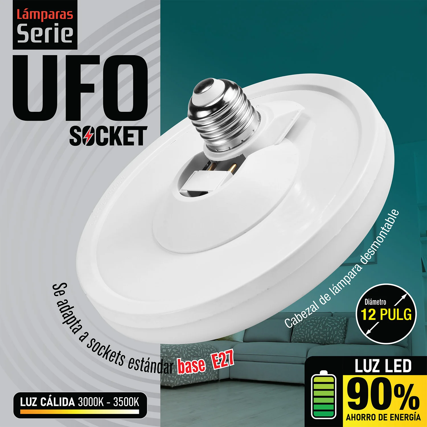 Bombillo Socket Lámpara UFO Tipo Plafon De Techo LED Plafón 18W 12" 300Mm E27 7500Lumens Luz Calida - Image 2