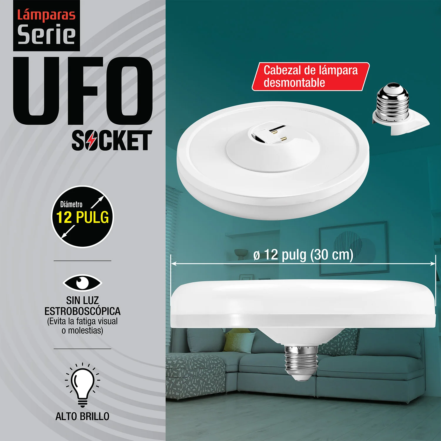 Bombillo Socket Lámpara UFO Tipo Plafon De Techo LED Plafón 18W 12" 300Mm E27 7500Lumens Luz Calida - Image 4
