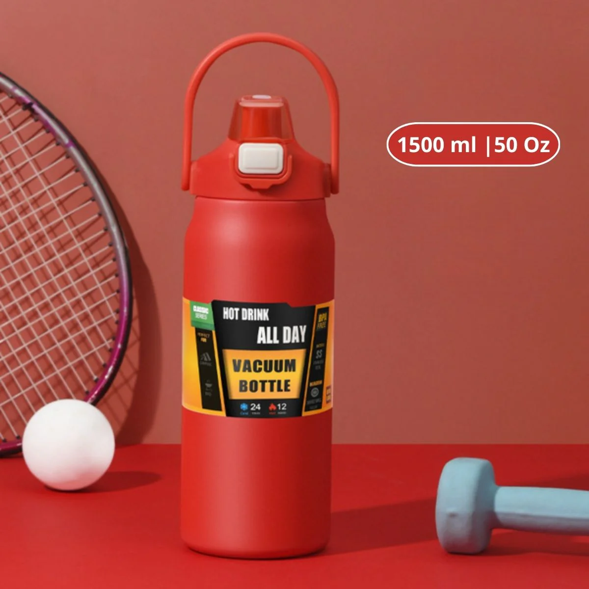 Botella De Agua Térmica. Termo Deportivo De Doble Pared De Acero Inoxidable Y Soporte Para Teléfono. 1500 Ml. Color Rojo.