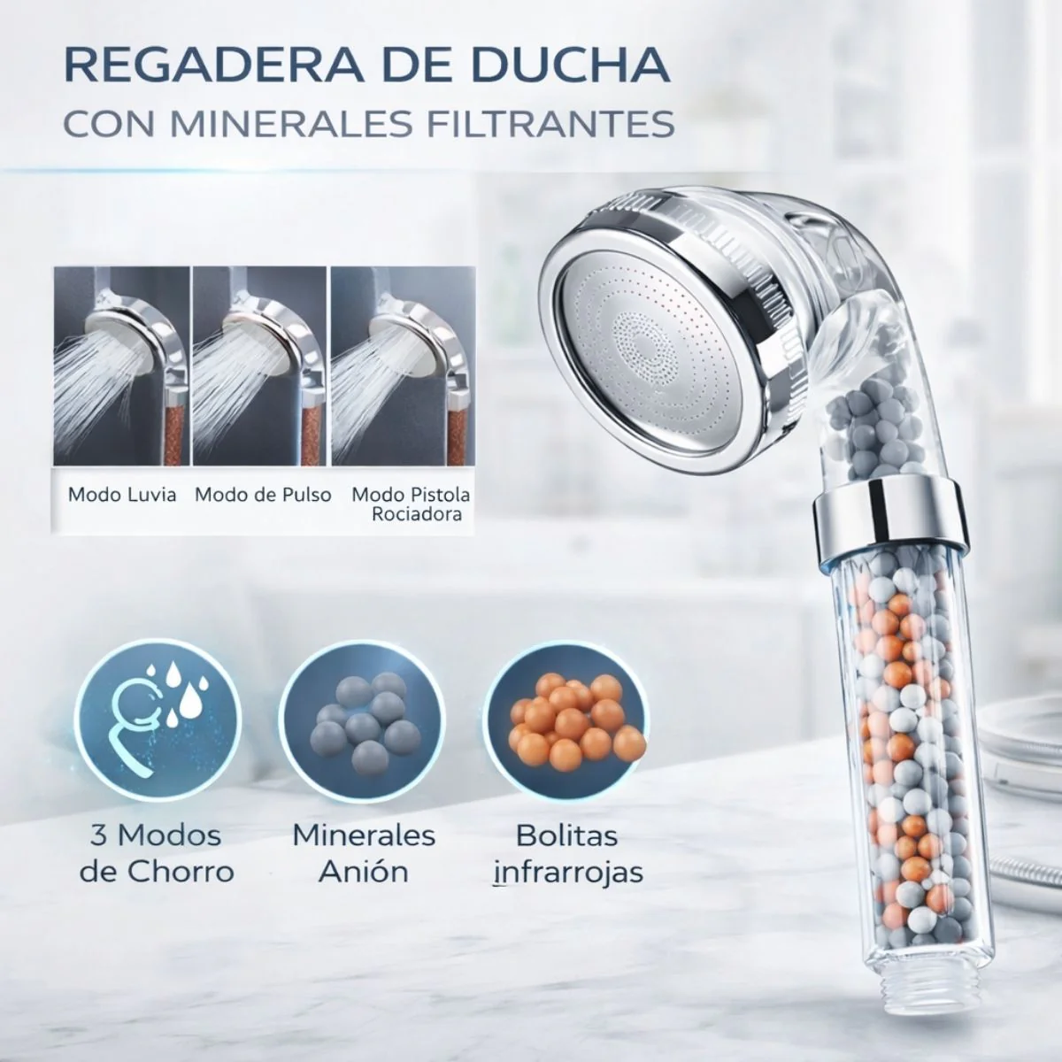 Cabezal De Ducha De Mano De Alta Presión Con Filtro Mineral. 3 Modos De Chorro. Cabezal De Regadera Con Bolas Anión E Infrarrojas.