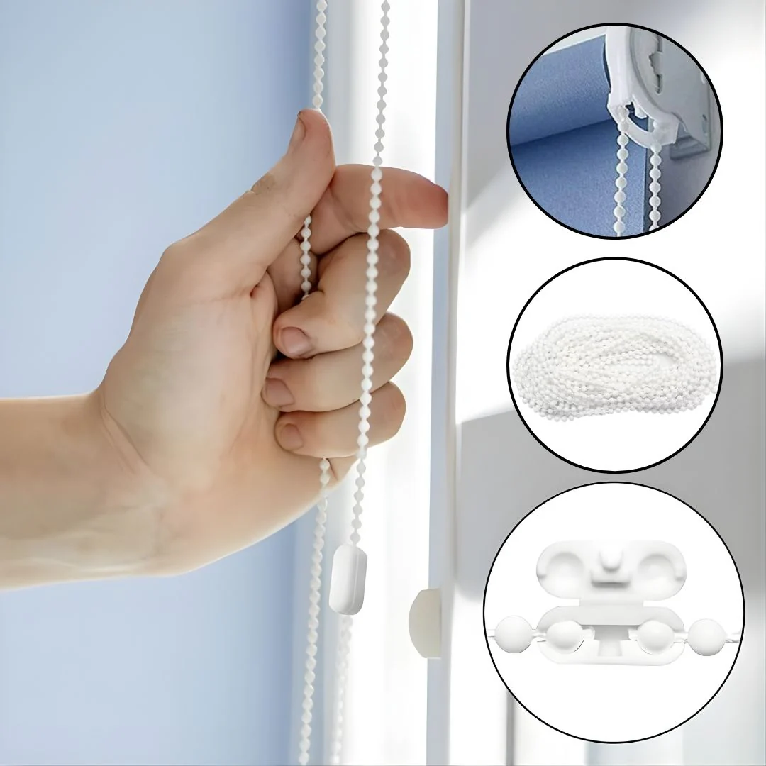 Cadena De Cuencas Para Persianas Enrollables (10 Metros Y 10 Conectores). Repuesto Universal Blanco Para Cortinas Rollers.