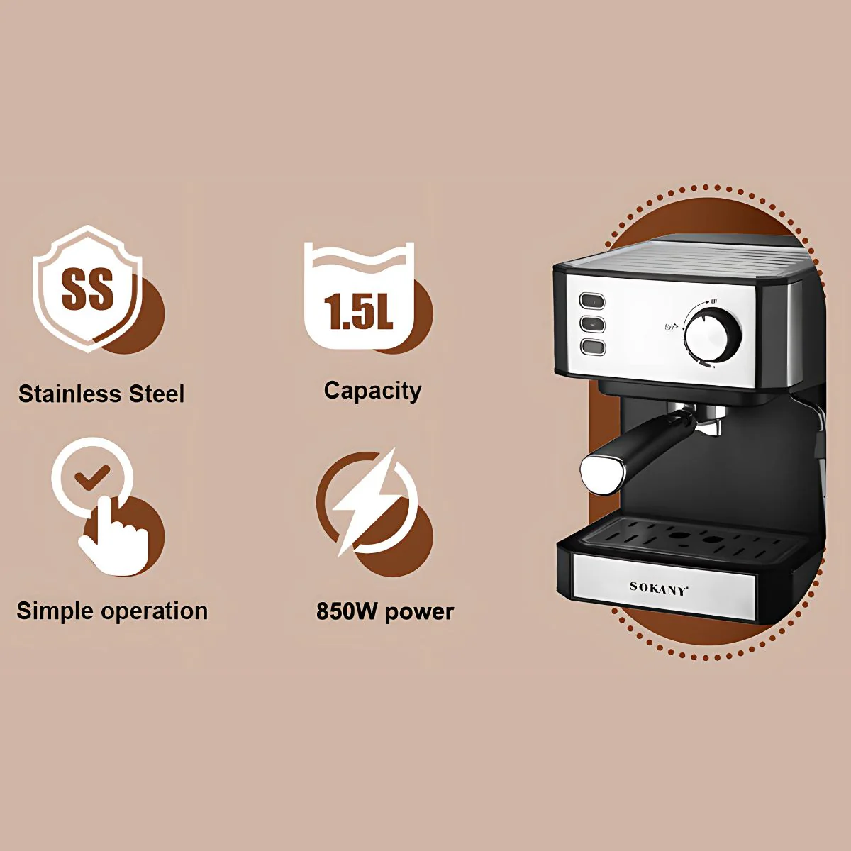 Cafetera Espresso 850W. Máquina De Café Multifuncional Con Espumador De Leche Y Tanque 1.5L. - Image 4