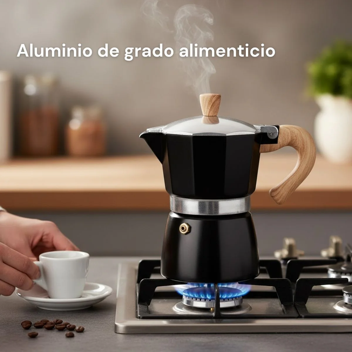 Cafetera Italiana Moka Pot Clásica De Aluminio Grado Alimenticio De 3 Tazas (150Ml) Con Asa Estilo Madera Resistente Al Calor. Greca, Percoladora. Color Negro. - Image 2