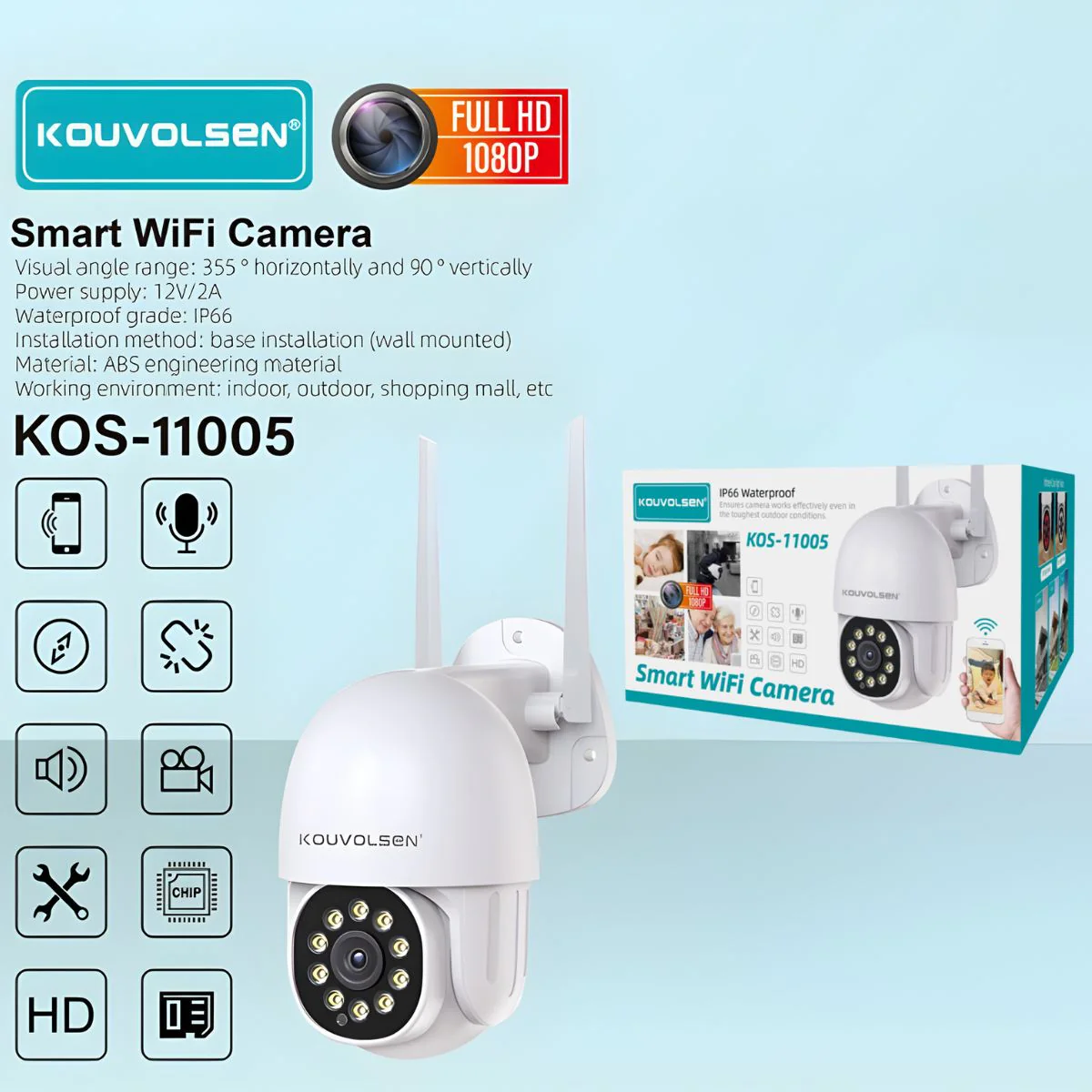 Cámara De Seguridad Wifi Exterior Full HD 1080P IP66 Con Visión Nocturna, Audio Bidireccional Y Detección De Movimiento. Funciona Con APP V380