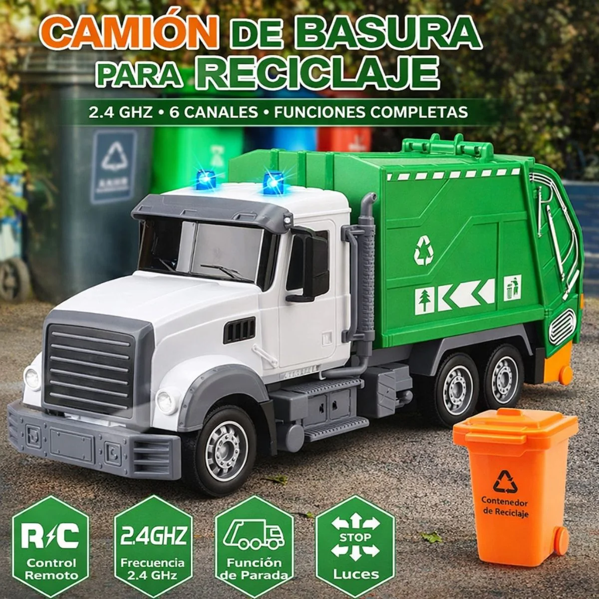 Camión De Basura De Juguete Con Control Remoto, Luces LED, Función Elevadora, Batería Recargable, 15.5X11x36cm Camión Recoletor Para Niños. - Image 3