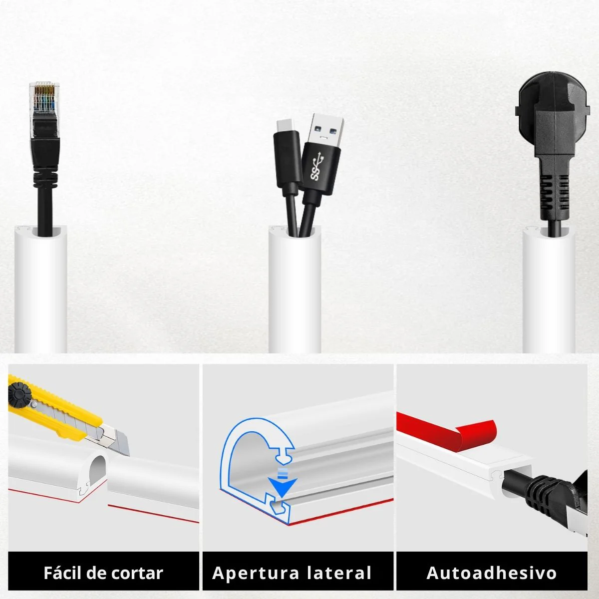 Canaleta Autoadhesiva Flexible Con Apertura Lateral De 5 Metros Para Ocultar Cables De 0.27” (0.7Cm) De Canal Interno. Moldura De PVC Color Blanco. - Image 2