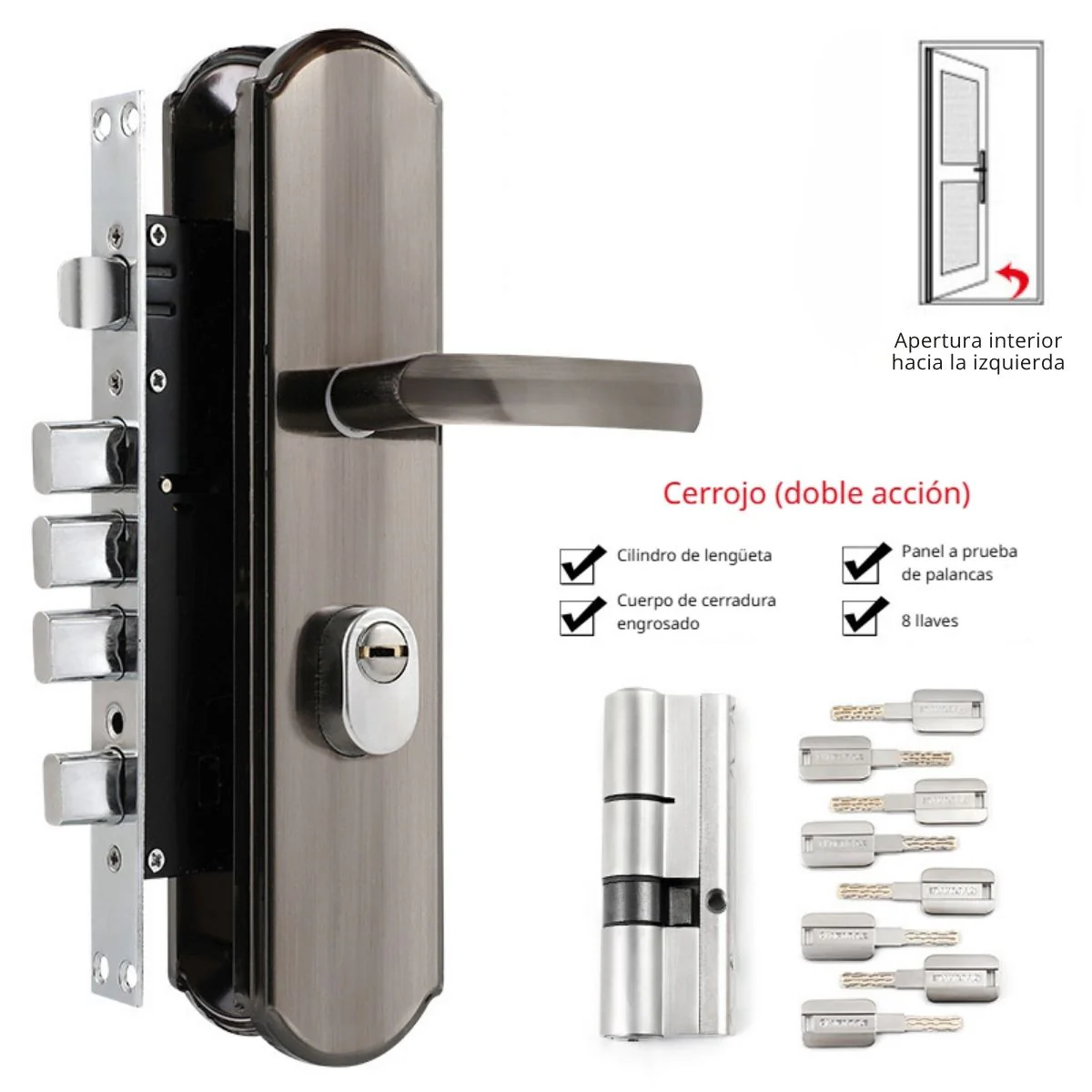 Cerradura De Seguridad Embutida Antiganzúa Antirrobo Lengüeta Cuadrada Doble De Acero Inoxidable. Para Puertas 45 A 55Mm Cilindro Nivel C. - Image 7