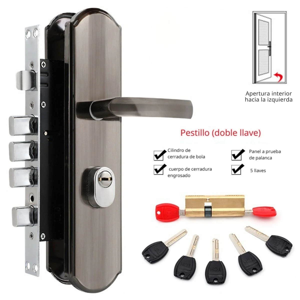 Cerradura De Seguridad Embutida Para Puertas De 45 A 55Mm. Con Cilindro De Acero Inoxidable. Incluye 7 Llaves Doble Apertura. - Image 5