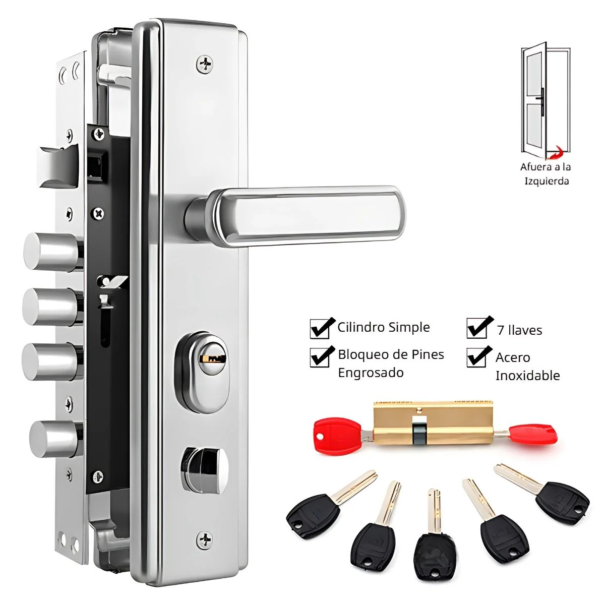 Cerradura De Seguridad Embutida Para Puertas Metálicas 45 A 55Mm. 280Mmx65mm. Con Cilindro De Acero Inoxidable. Incluye 7 Llaves. Apertura Izquierda Hacia Afuera