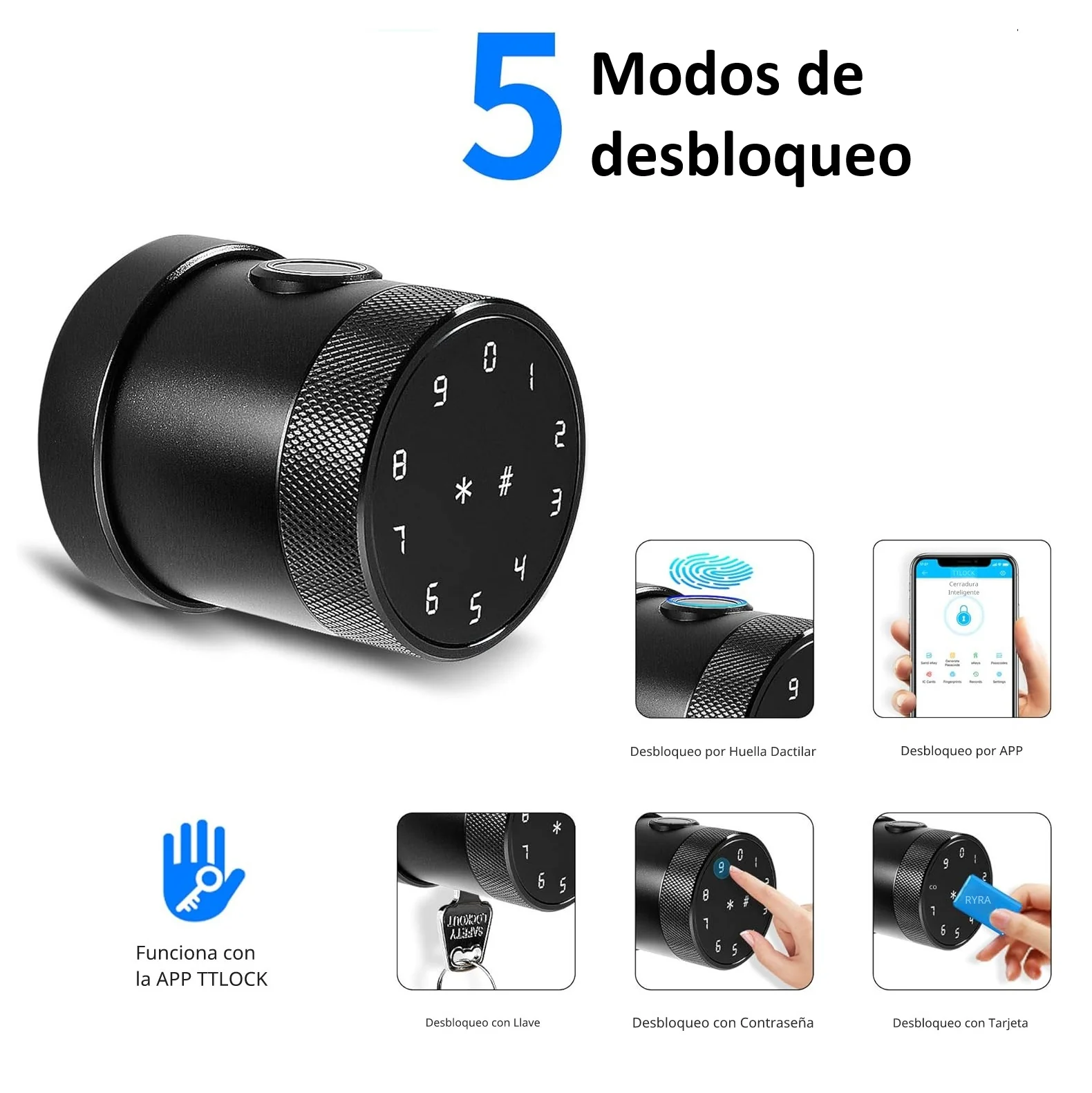 Cerradura Inteligente Perilla De Puerta Cerrojo Smart Lock 5 En 1 Llave Huella Contraseña Bluetooth Tuya App Fácil De Instalar - Image 3