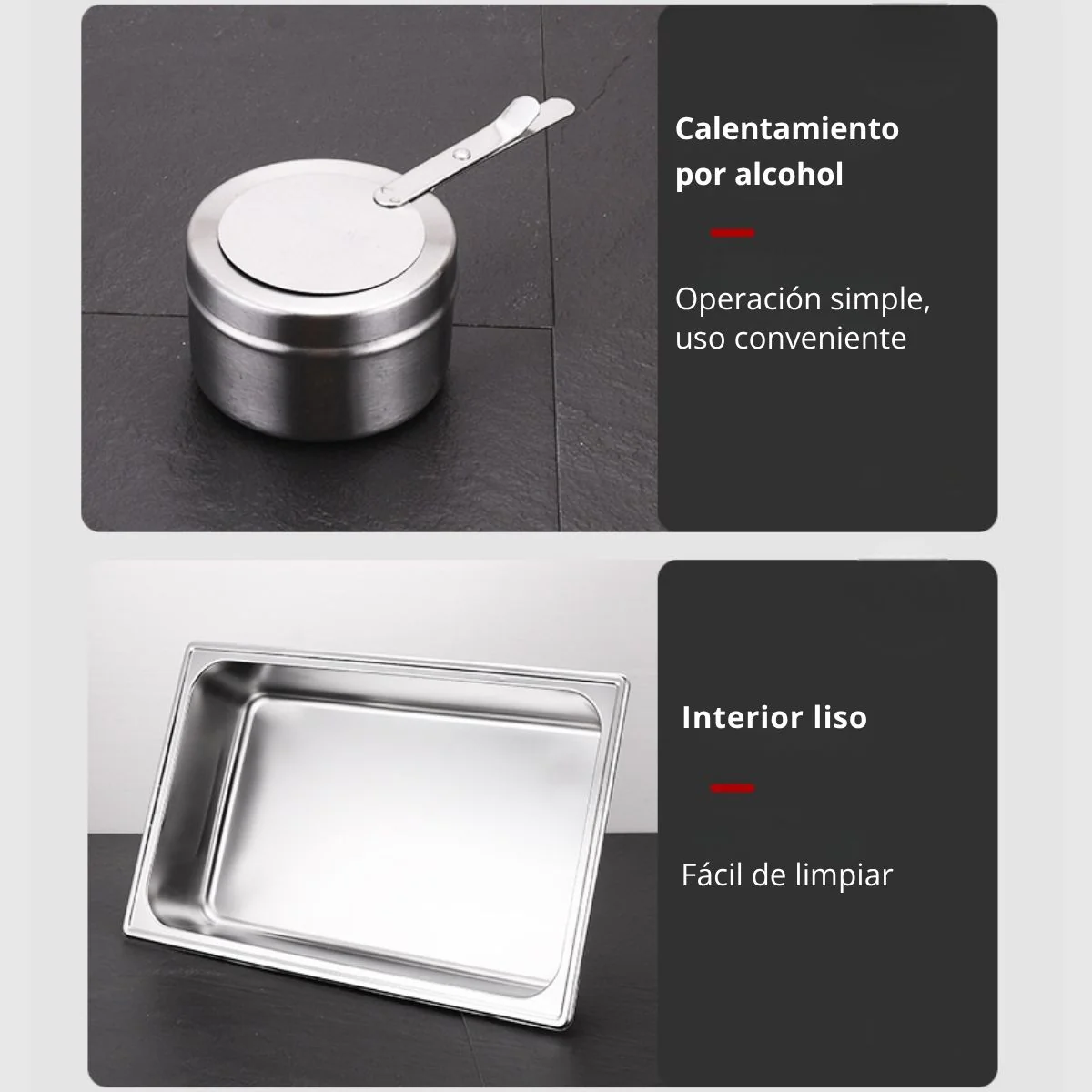 Chafing Dish Rectangular De Acero Inoxidable Con Tapa  De Vidrio Hidraulica Cierre Suave 22X16x11" De 2 Compartimientos Calentamiento Por Alcohol Para Hoteles, Restaurantes, Buffets, Catering. - Image 4