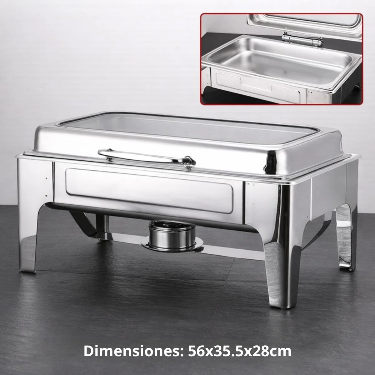 Chafing Dish Rectangular De Acero Inoxidable Con Tapa Hidraulica Cierre Suave De Vidrio 22X14x11" De 1 Compartimiento Calentamiento Por Alcohol Para Hoteles, Restaurantes, Buffets, Catering. - Image 2
