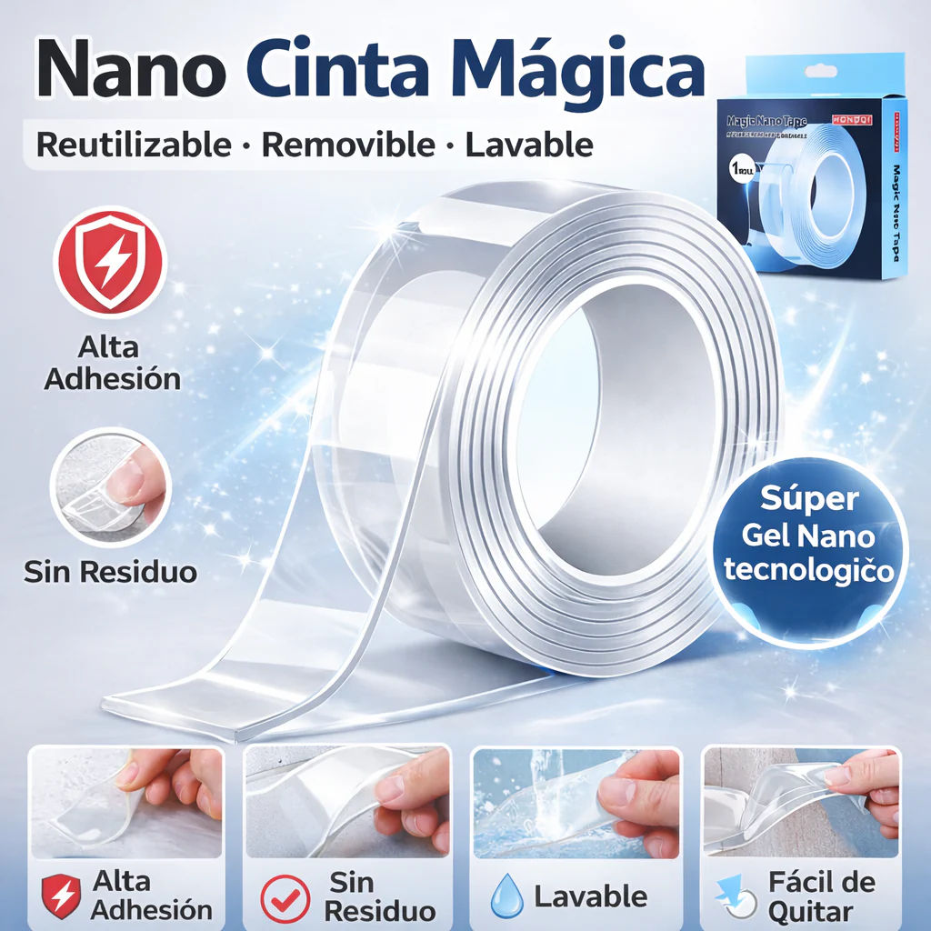Cinta Adhesiva Doble Contacto, Nano-Adhesiva, Lavable Y Reutilizable. Tamaño 3Cm X 3 Metros