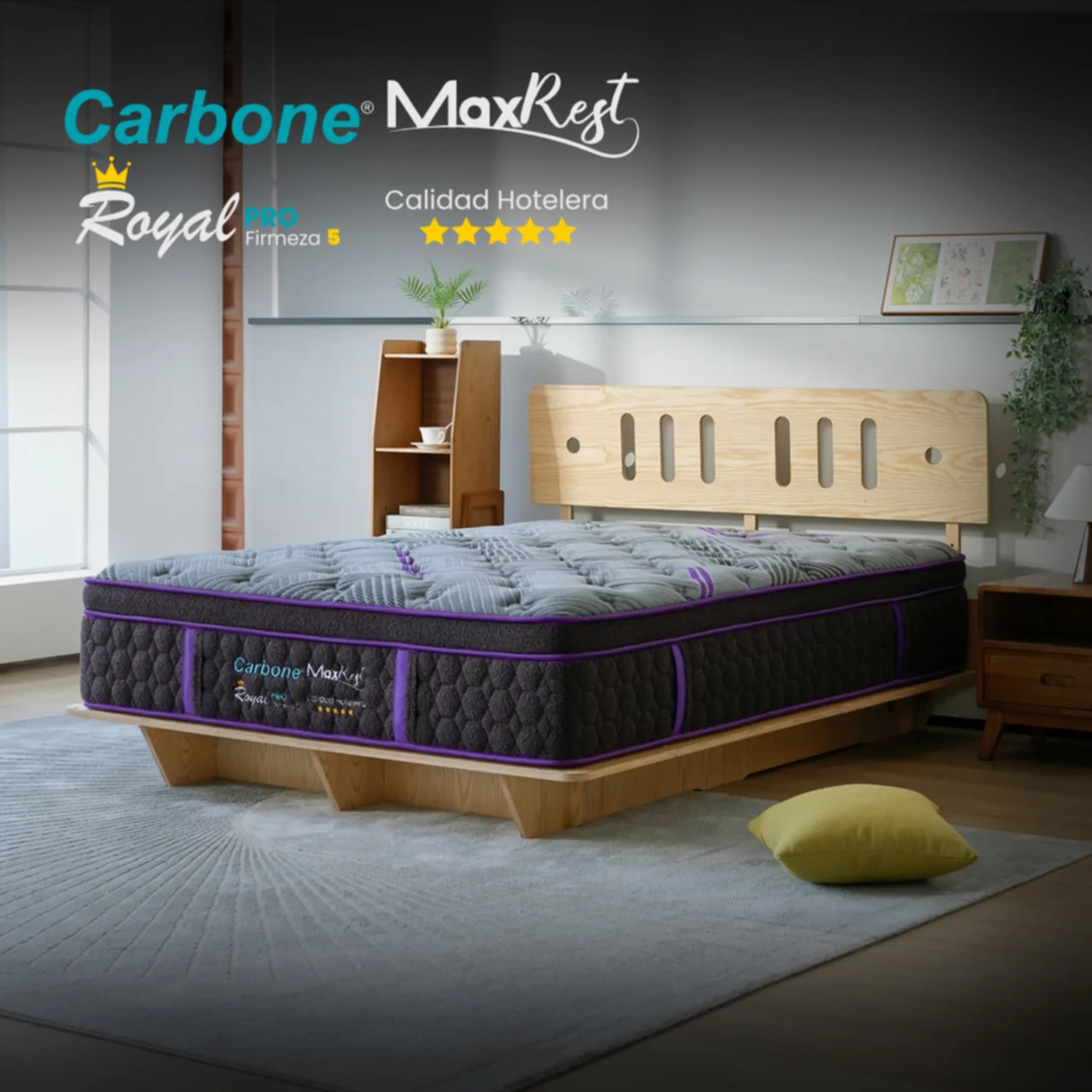 Colchones Royal 5 Star Hotel  Firmeza 5 Carbone Max Rest Empacados Al Vacío Pillow Top Colchón Calidad Hotelera Memory Foam Con Resortes 35Cm Espesor (13.7") - Image 3