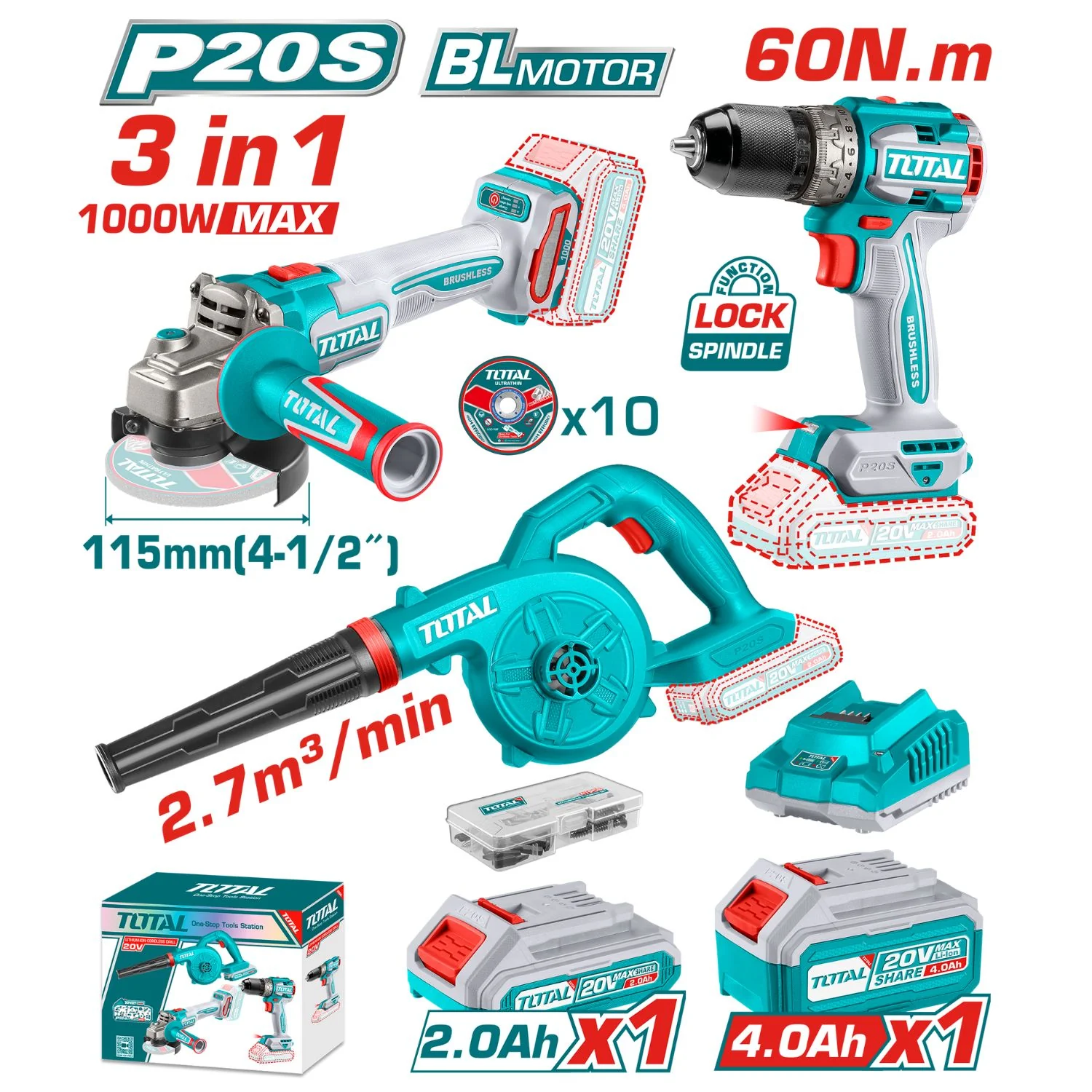 Combo Del Mes Total Inalámbrico. Esmeriladora Angular 4-1/2'' 20V, Drill Taladro Sin Escobillas 20V 60 Nm Y Sopladora 20V 18,000 Rpm. Incluye Cargador Y Baterías. POCAS UNIDADES. - Image 2