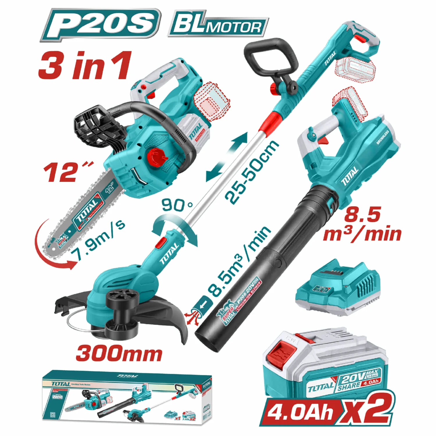 Combo Del Mes Total Inalámbrico. Motosierra 12" (30 Cm), Desmalezadora Recortadora De Césped 8200Rpm 300Mm, Sopladora 144 Km/H. Incluye Cargador Y Baterías. POCAS UNIDADES.