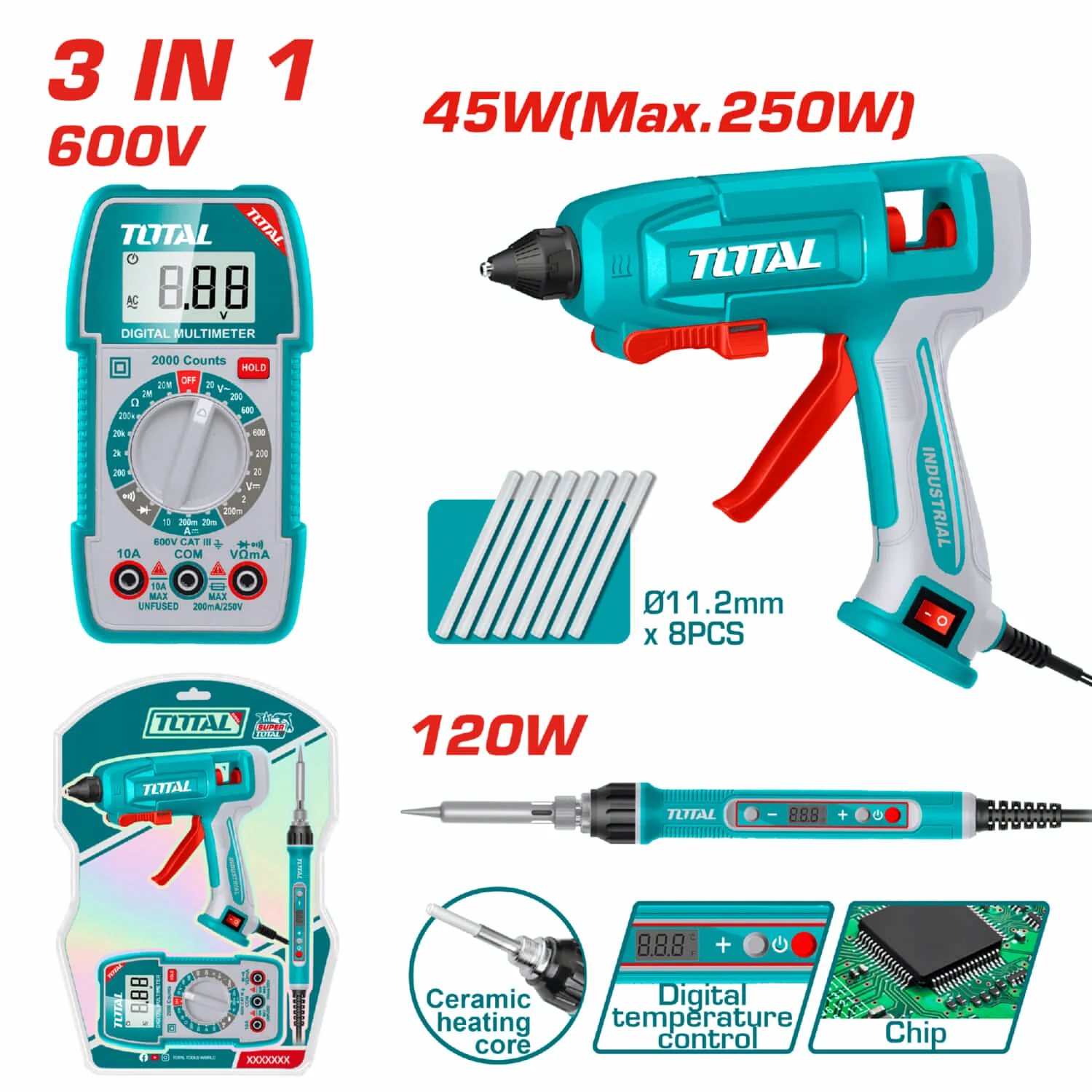 Combo Total De Pistola De Silicona 45W, Cautín 120W Con Pantalla Digital Y Multímetro Digital TRMS.