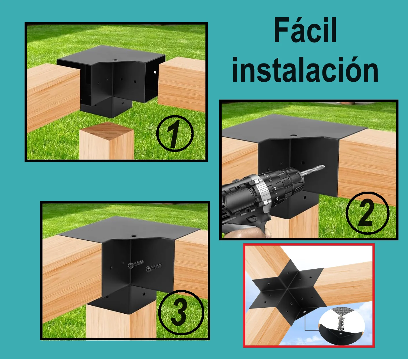 Conector Pergolas WPC Exteriores Tubos Cuadrados 4"X4"X4"- 100X100x100 Mm Union Soporte 3 Vias Para Herrajes - Image 3