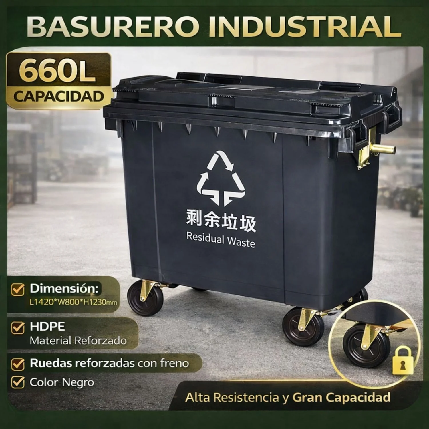 Contenedor De Basura 660L Con Ruedas Y Tapa. Tanque De Residuos Industrial De Polietileno Reforzado. Color Negro. Basurero. - Image 2