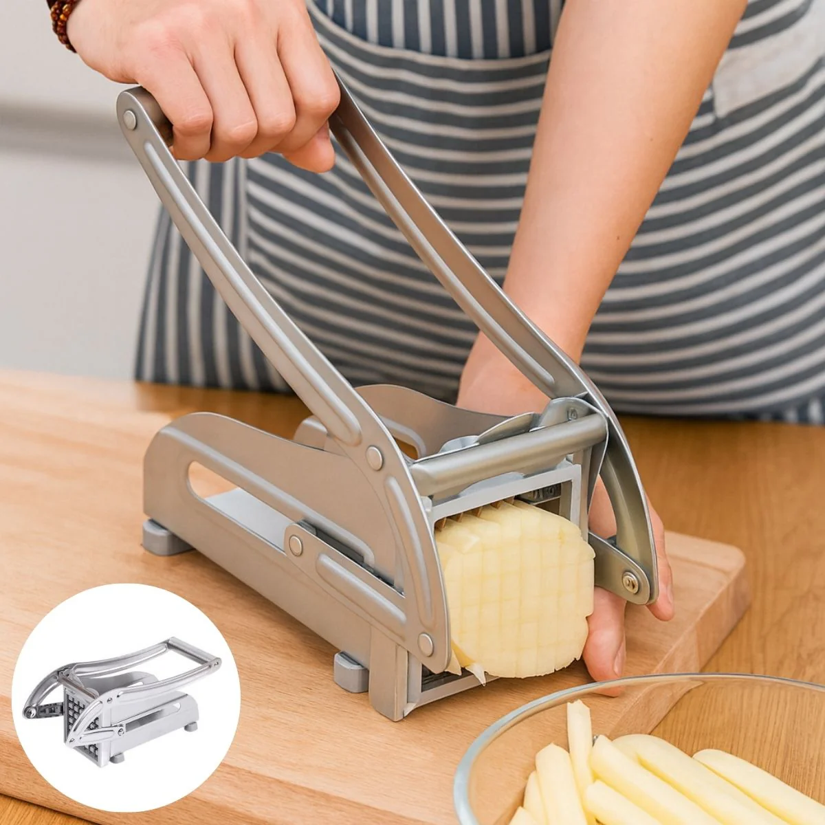 Cortador De Papas. Picadora Rebanadora De Frutas Y Vegetales Manual De Acero Inoxidable. Incluye 3 Cuchillas Intercambiables.