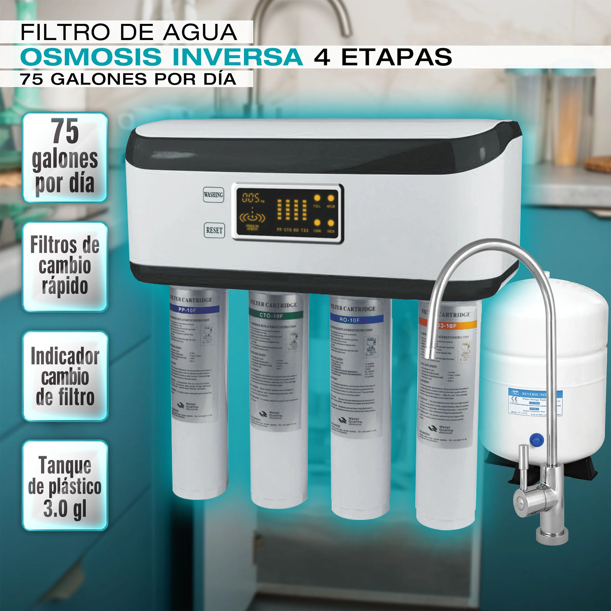 Filtro De Agua Osmosis Inversa Crystal 75 4 Etapas 75 Galones Dia