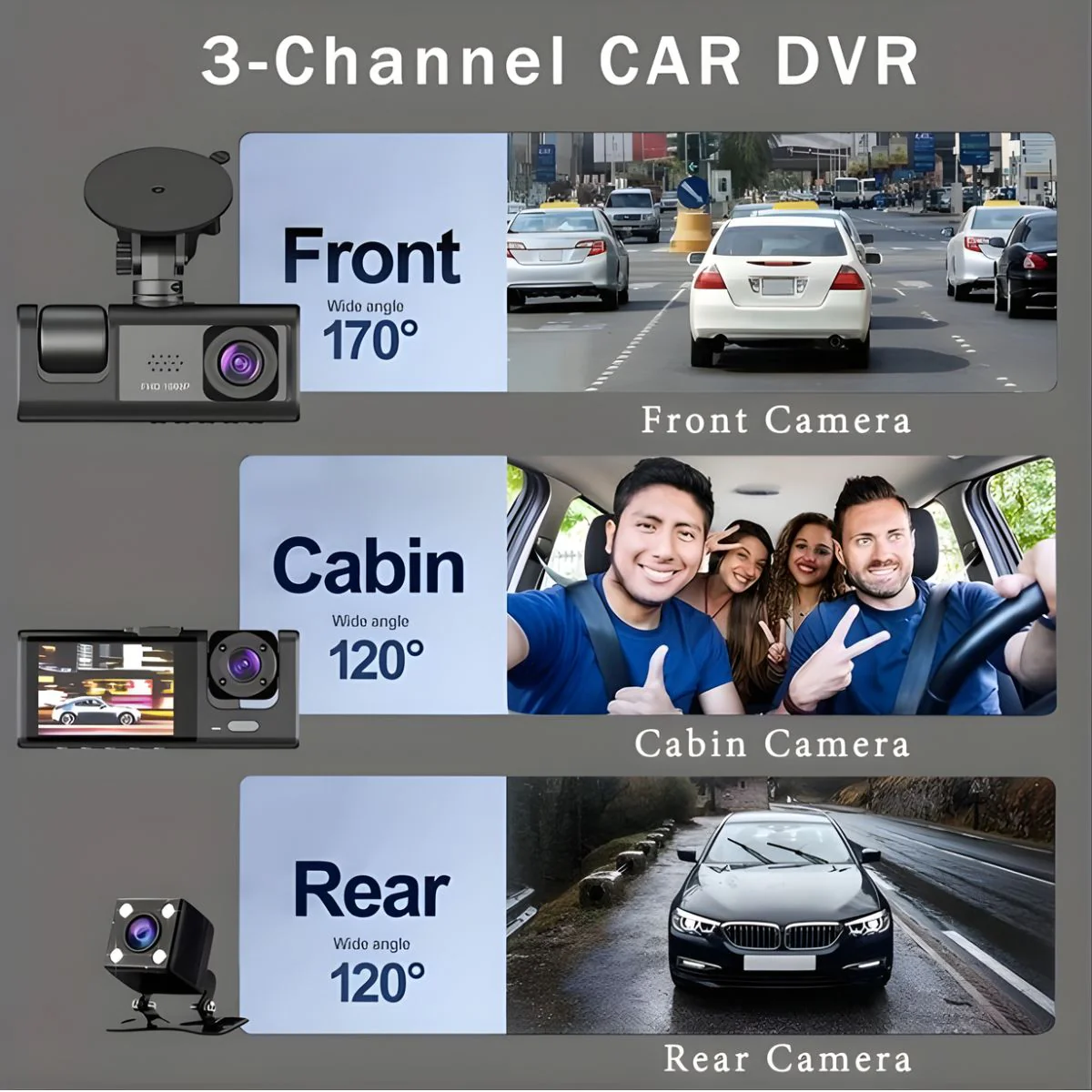 Dash Cam Cámara Para Autos 1080P FHD. Grabación Frontal, Cabina Y Trasera Con G-Sensor. Dashcam Con Asistencia De Estacionamiento Y Visión Amplia 170°. - Image 2