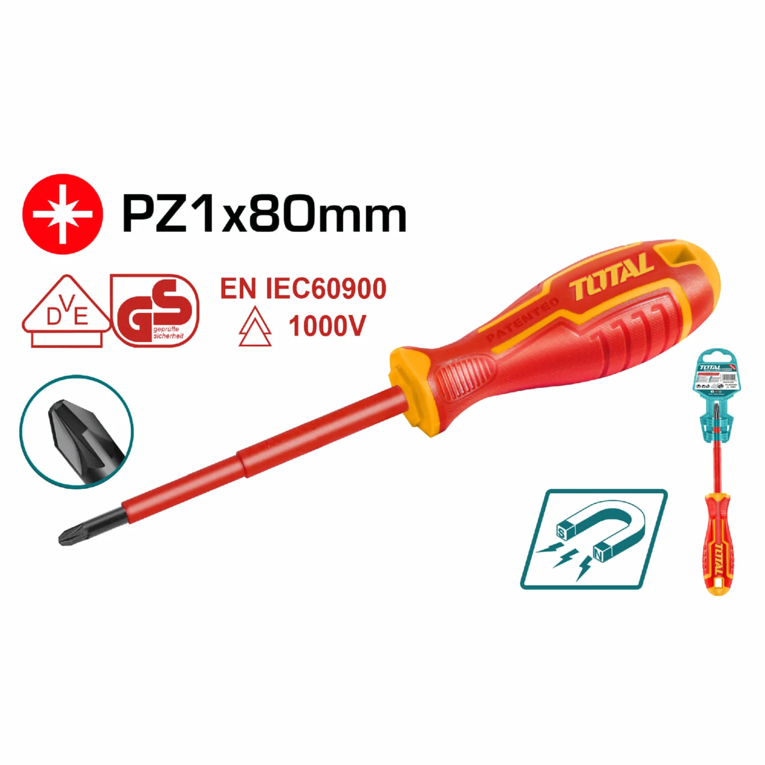 Destornillador Aislado Punta Pozidriv (Pz1x80mm). Magnético. CR-V 1000V. Mango Redondo.
