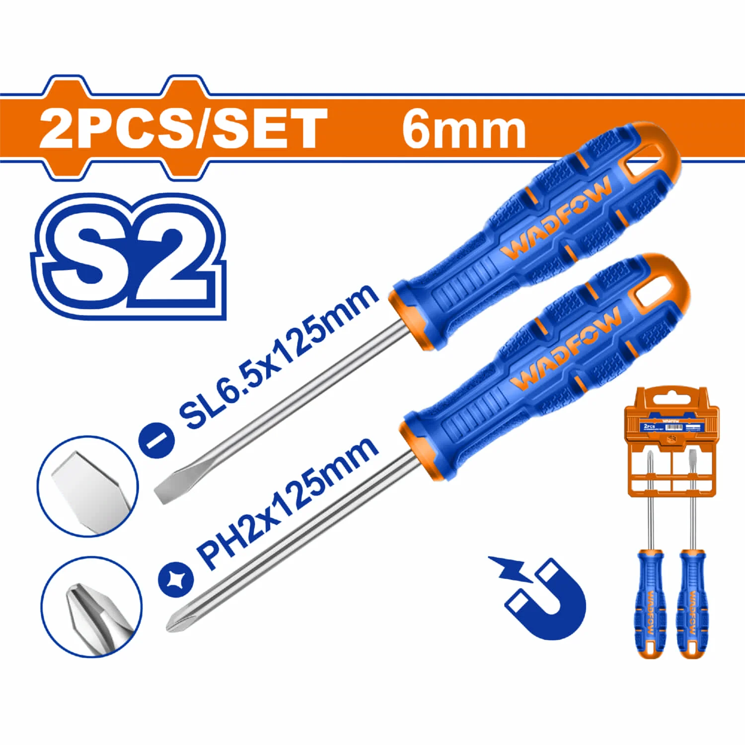 Destornilladores SL6.5X6x125mm Y Ph2x6x125mm Mango Ergonómico. Punta Magnética. Set 2 Piezas.