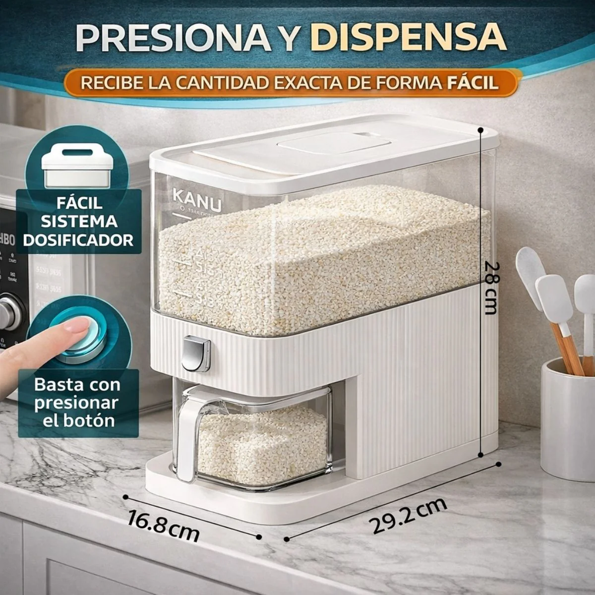 Dispensador De Arroz Hermético 5 Kg Con Botón Dosificador. Contenedor De Granos A Prueba De Humedad E Insectos. 16.8*29.2*28 - Image 2