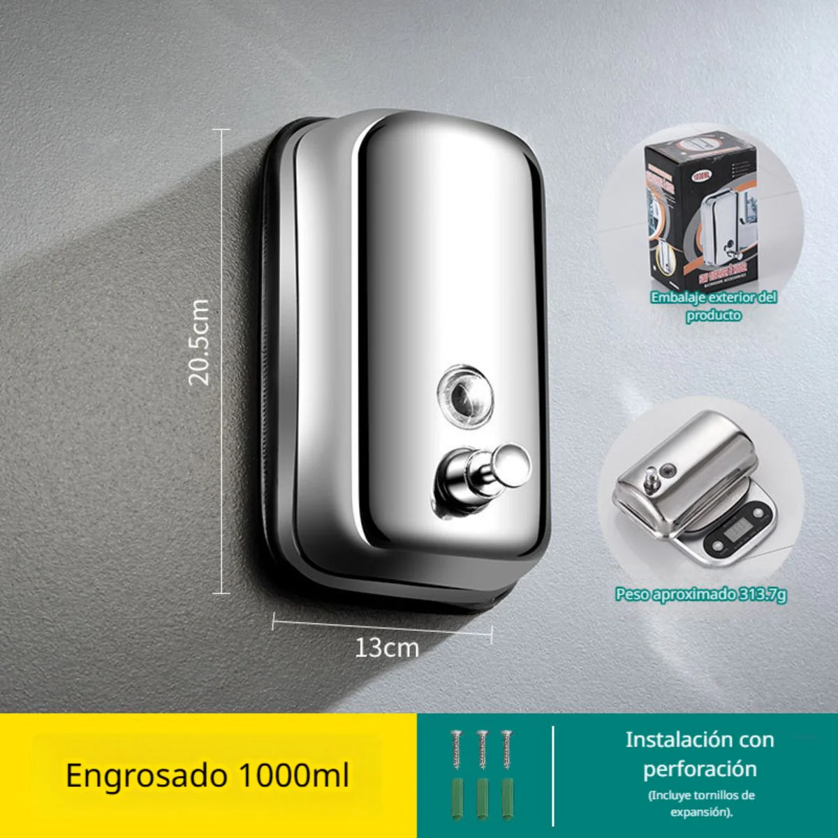 Dispensador De Jabón Líquido Pared 1000Ml Acero Inoxidable - Image 2