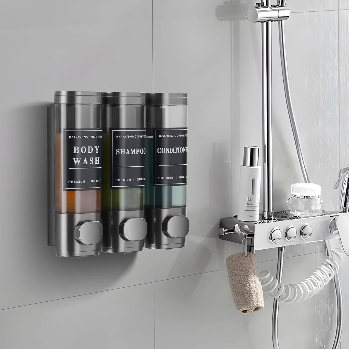 Dispensador De Jabón Triple, Champú Y Acondicionador De Pared Para Baños, Hoteles Air B&B. Color Gris.