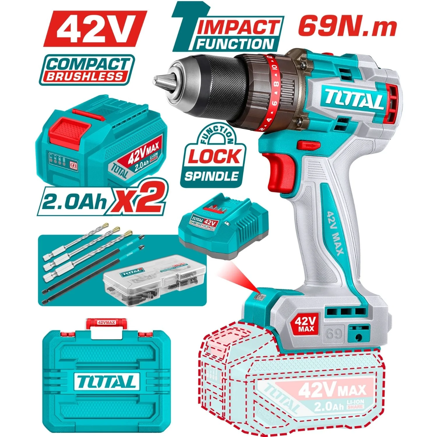 Drill Taladro Inalámbrico 1/2” 42V Función De Impacto. Motor Sin Escobillas. 69Nm. Incluye Batería Y Cargador.