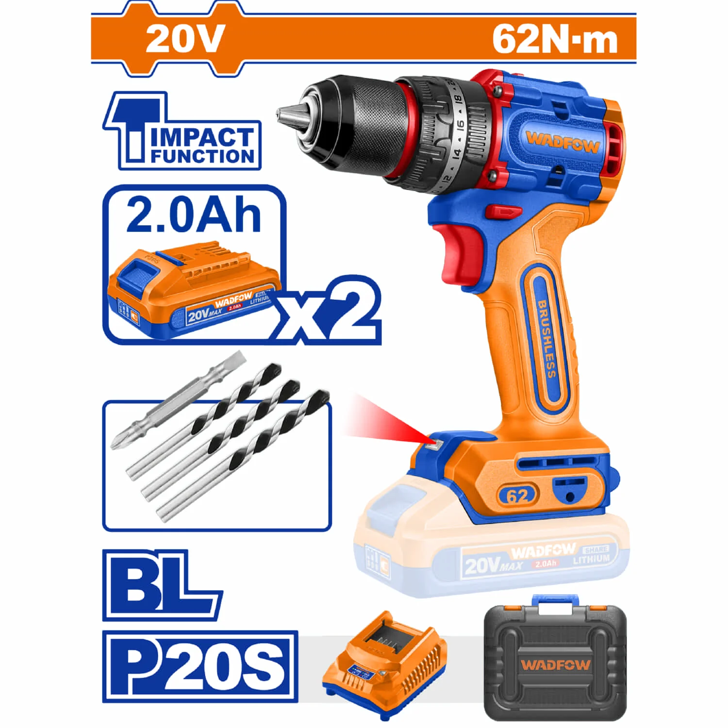 Drill Taladro Inalámbrico ½” 20V 62Nm 30,000Bpm Motor Sin Escobillas. Incluye Batería 2.0Ah Y Cargador.