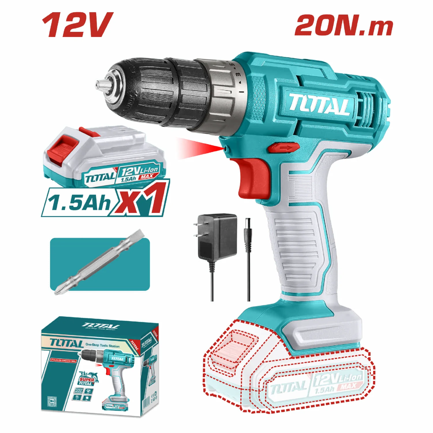 Drill Taladro Inalámbrico De 12V 3/8" 20Nm. 0-750Rpm. Torque: 15+1 Incluye Cargador Y Batería. Super Total