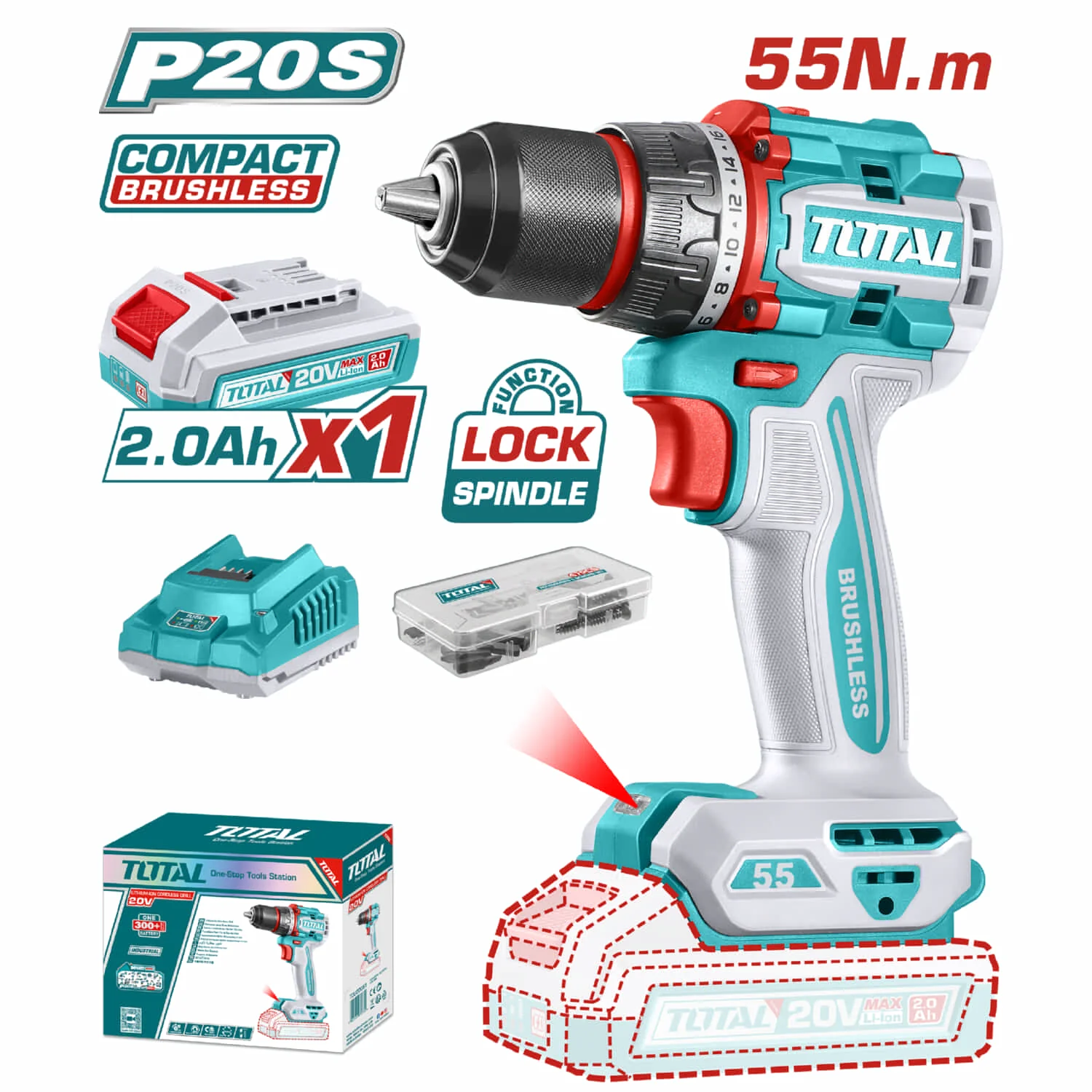 Drill Taladro Inalámbrico. Función De Bloqueo De Eje 20V 55N.M. Motor Sin Escobillas. Incluye Batería, Cargador Y 47 Accesorios.