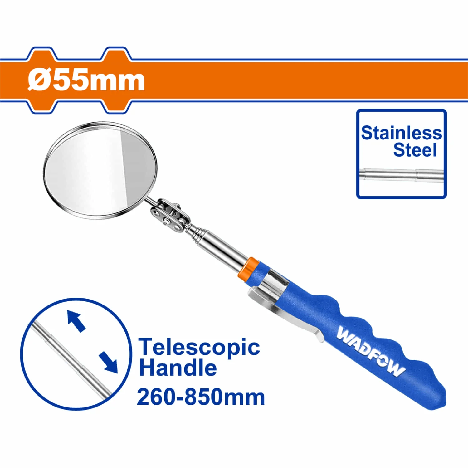 Espejo De Inspección Telescópica. Long: 260Mm-850Mm. Mango De PVC. Acero Inoxidable.