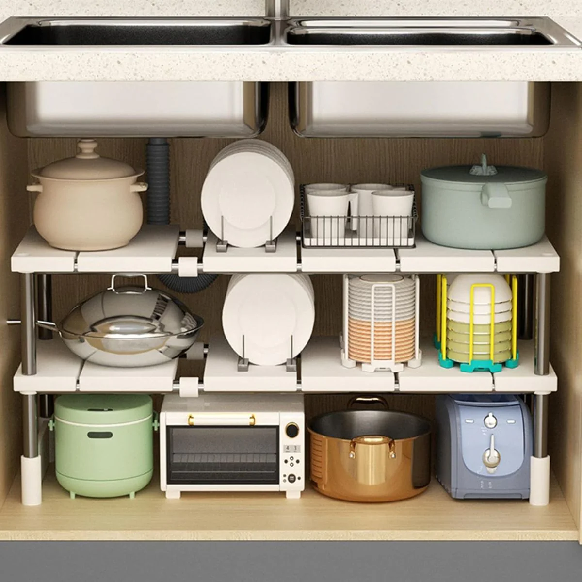 Estante Organizador Ajustable De 2 Niveles. Color Blanco. Repisa De Almacenamiento. Para Cocina Debajo Del Fregador